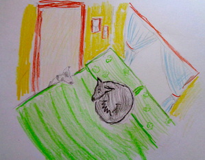 doodle by the diarist of deceased dog watching new dog in her spot